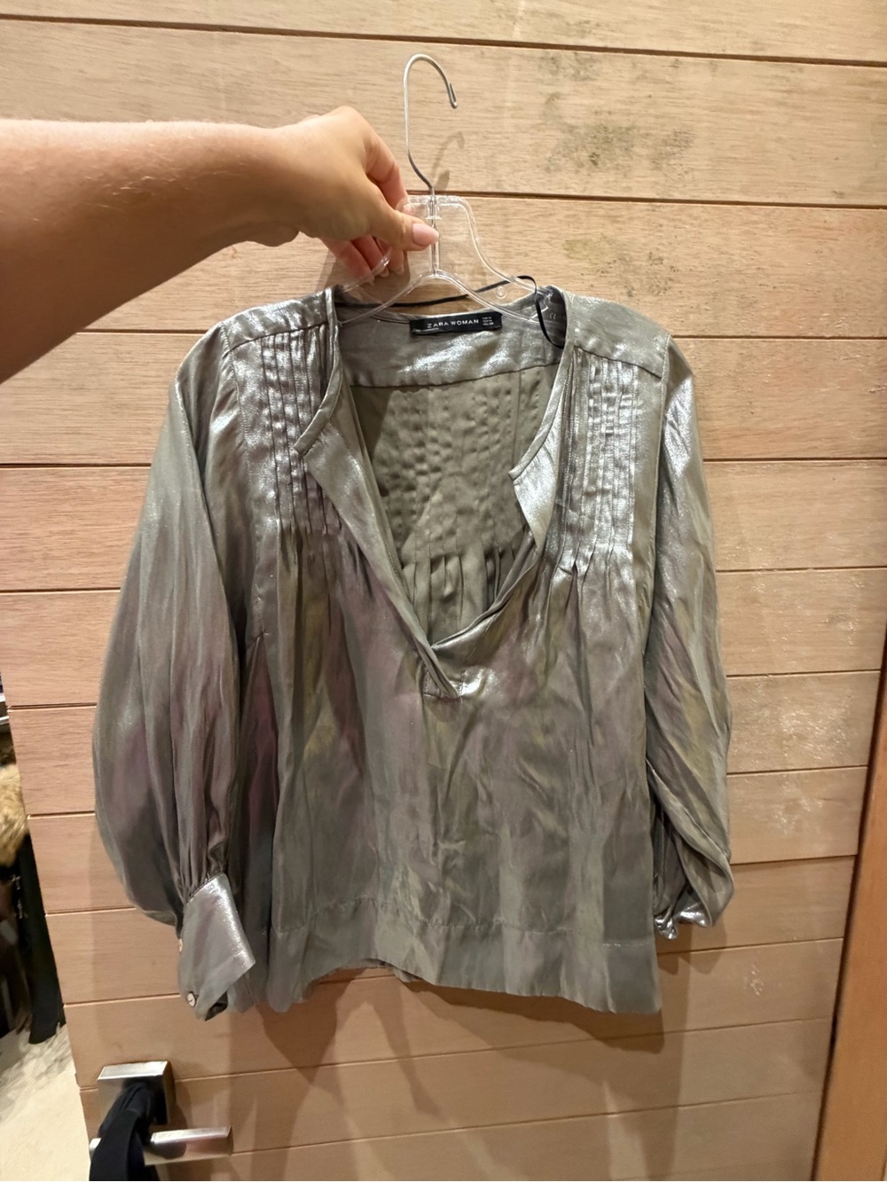 Zara Metallic Silver Pintuck V-Neck Blouse